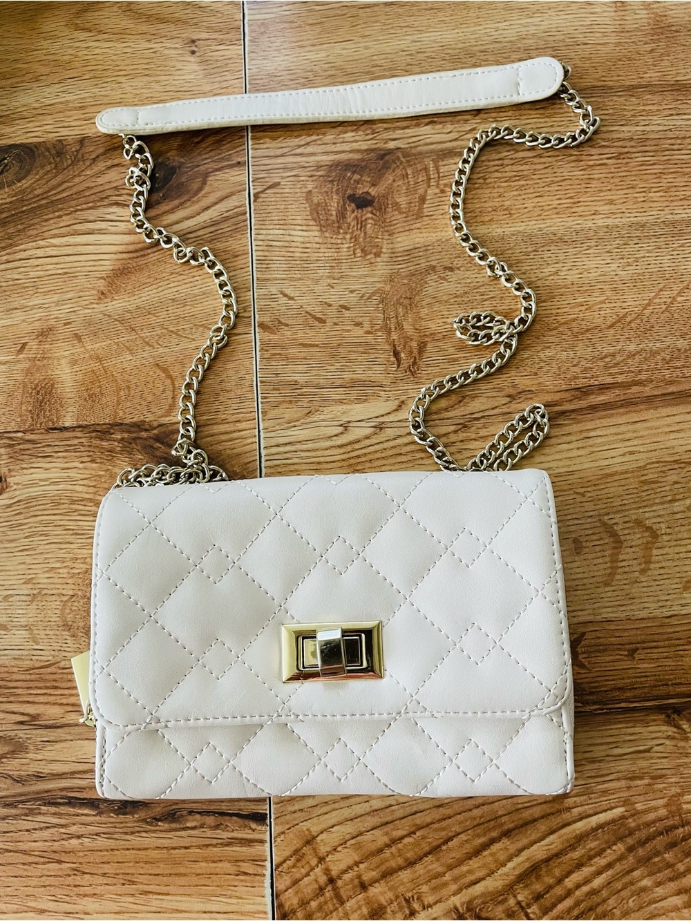 White Quilted Crossbody Bag with Gold Chain